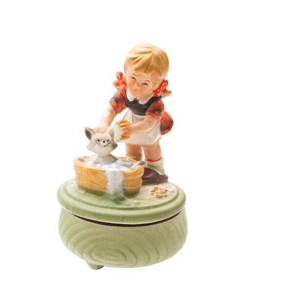 Vintage Japan Bisque Porcelain Girl Giving Cat A Bath Rotating Music Box Works - Picture 5 of 11